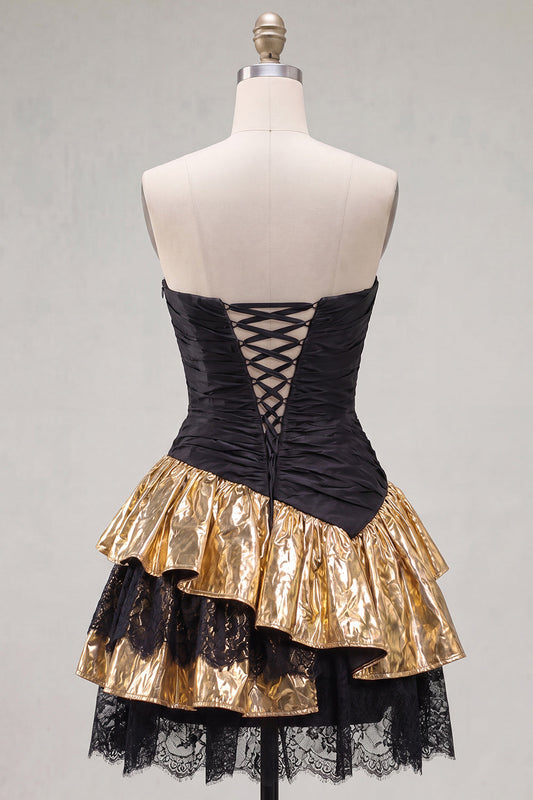 Black Golden A-Line Tiered Strapless Ruffle Short Homecoming Dress with Lace Up Back