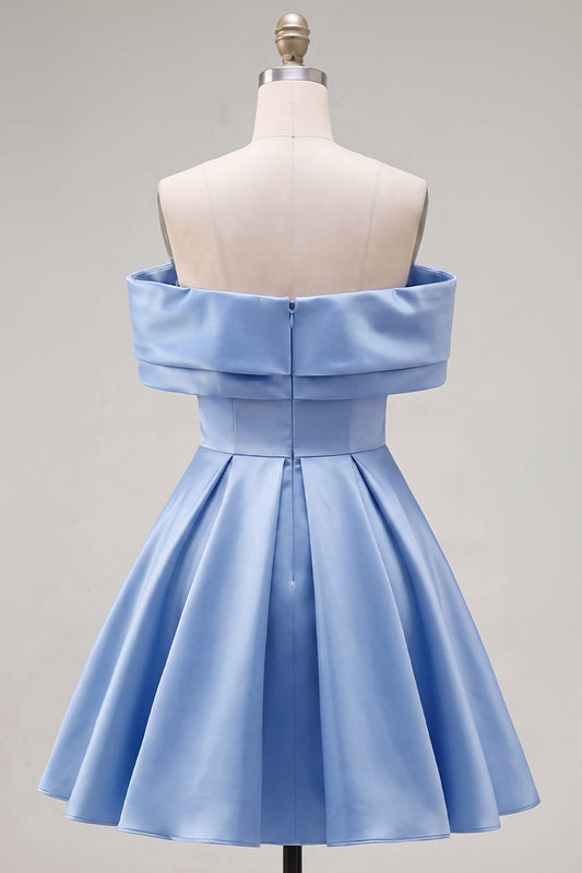 Blue A-Line Off-the-Shoulder Ruched Satin Homecoming Dress with Beading
