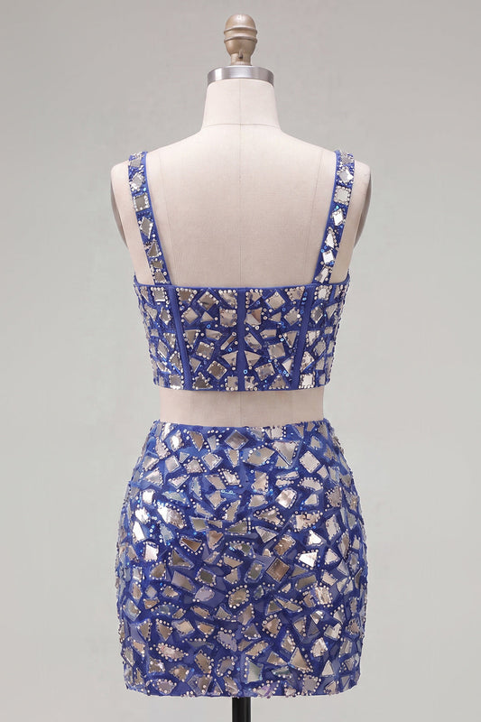 Dark Blue Bodycon 2 Piece Homecoming Dress with Rhinestones