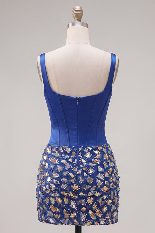 Dark Blue Bodycon Corset Square Neck Homecoming Dress with Rhinestones