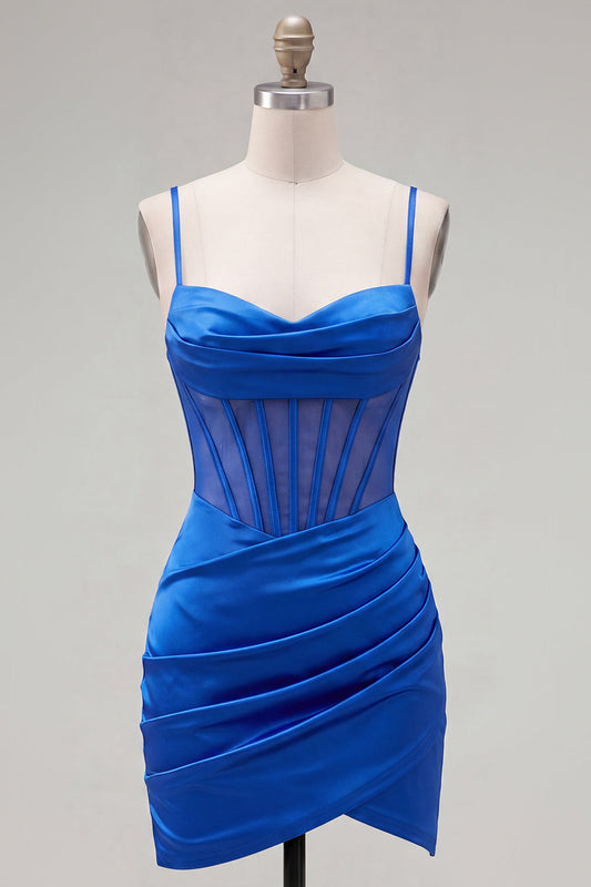 Satin Royal Blue Bodycon Sheer Corset Spaghetti Straps Ruched Homecoming Dress