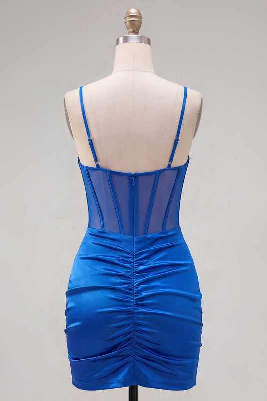 Satin Royal Blue Bodycon Sheer Corset Spaghetti Straps Ruched Homecoming Dress