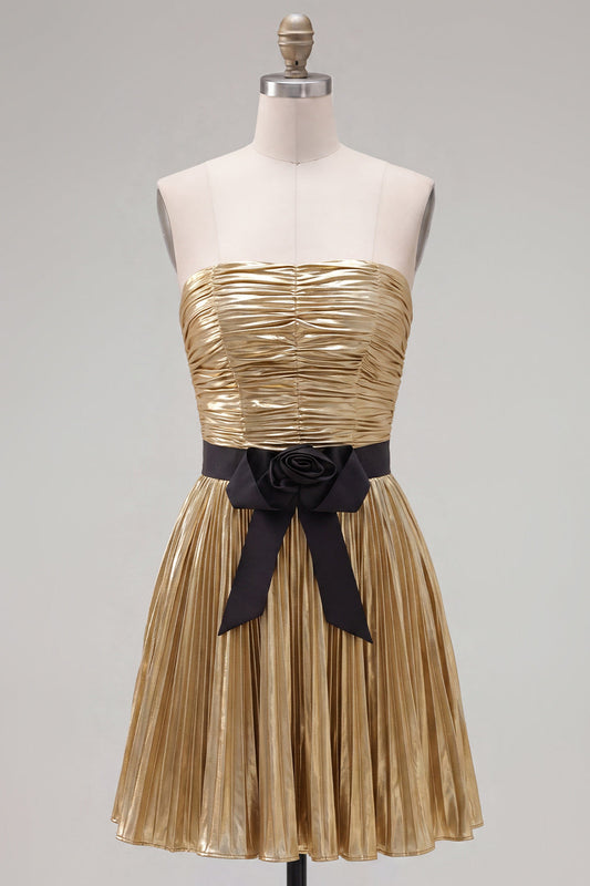 Golden A-Line Metallic Strapless Pleated Ruched Homecoming Dress with Bow
