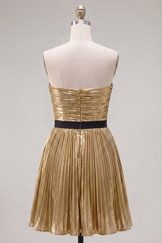 Golden A-Line Metallic Strapless Pleated Ruched Homecoming Dress with Bow