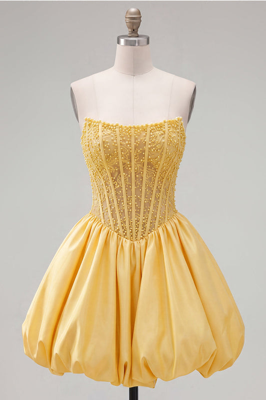Yellow A-Line Strapless Sheer Corset Lace-Up Back Homecoming Dress with Pearls