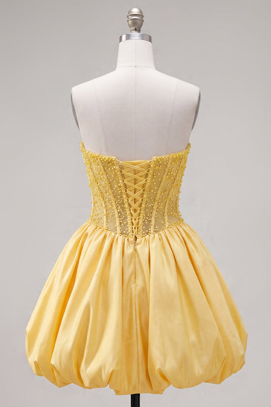 Yellow A-Line Strapless Sheer Corset Lace-Up Back Homecoming Dress with Pearls