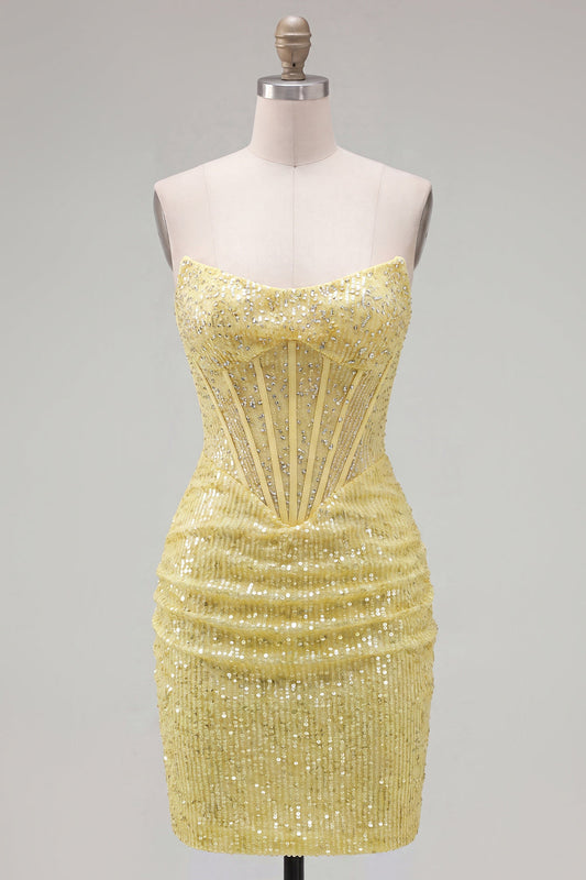 Sparkly Yellow Strapless Bodycon Corset Dress with Lace-Up Back, Sequins and Beading for Homecoming