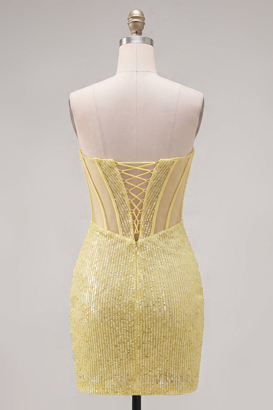 Sparkly Yellow Strapless Bodycon Corset Dress with Lace-Up Back, Sequins and Beading for Homecoming