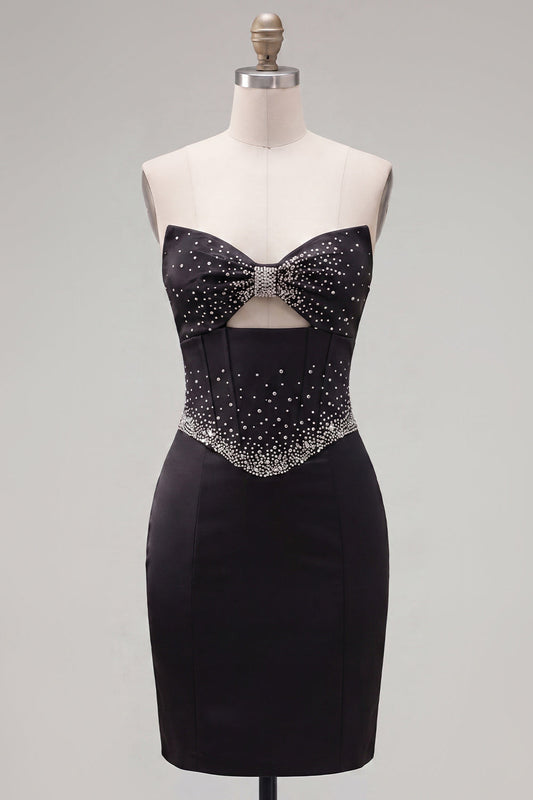 Black Bodycon Sweetheart Corset Satin Beaded Homecoming Dress with Bow