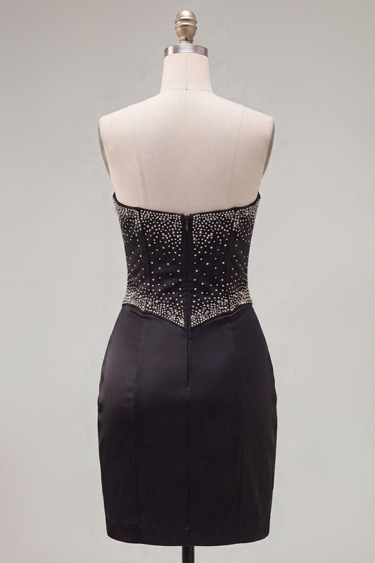 Black Bodycon Sweetheart Corset Satin Beaded Homecoming Dress with Bow