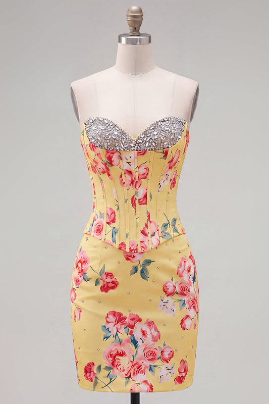 Sweetheart Yellow Corset Beaded Floral Tight Homecoming Dress