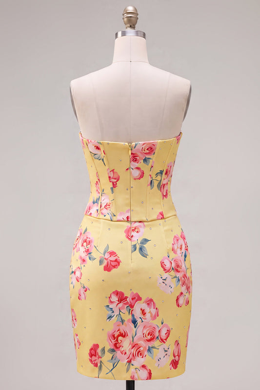 Sweetheart Yellow Corset Beaded Floral Tight Homecoming Dress