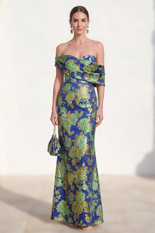 Robe longue sirène jacquard fleurie vert marine à épaules dénudées pour mère de la mariée