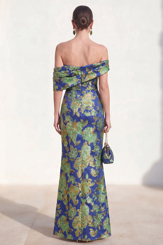 Robe longue sirène jacquard fleurie vert marine à épaules dénudées pour mère de la mariée