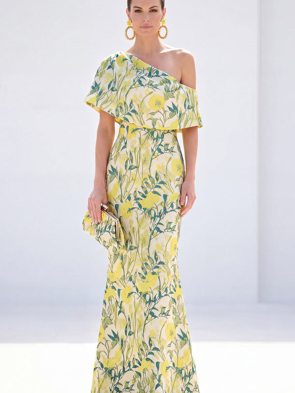 Robe longue jaune sirène asymétrique à fleurs pour mère de la mariée