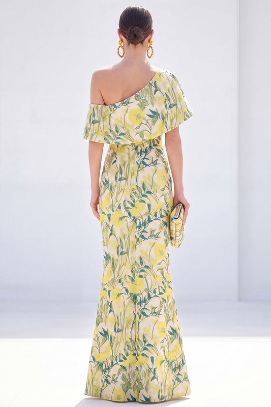 Robe longue jaune sirène asymétrique à fleurs pour mère de la mariée