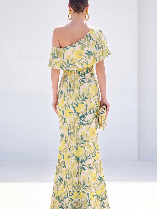 Robe longue jaune sirène asymétrique à fleurs pour mère de la mariée