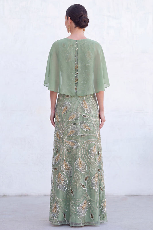 Robe longue de mère de la mariée vert coupe trapèze avec perles, col rond et cape