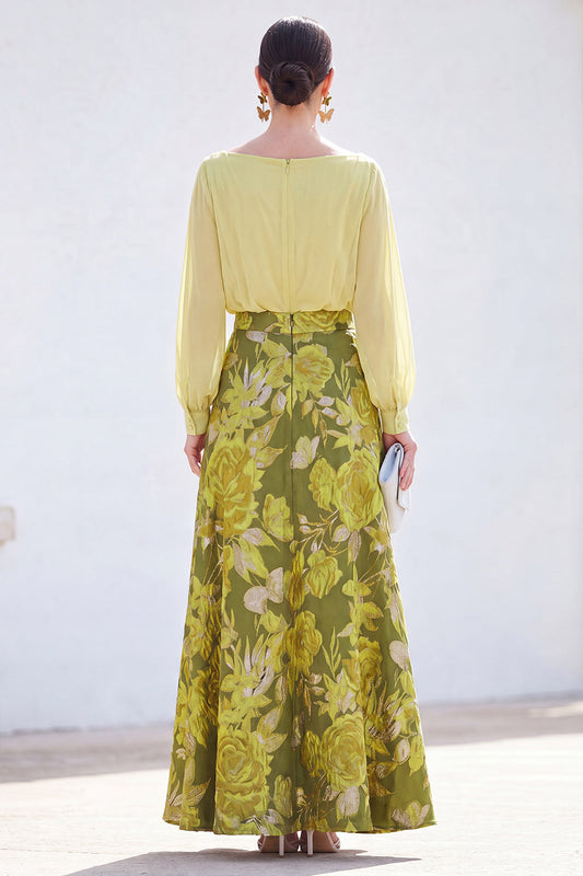 Robe longue de mère de la mariée verte trapèze en jacquard floral à col bateau 2 pièces