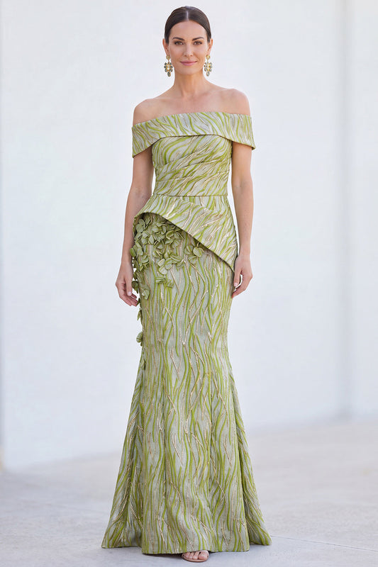 Robe longue de mère de la mariée sirène verte à épaules dénudées avec fleurs et fronces