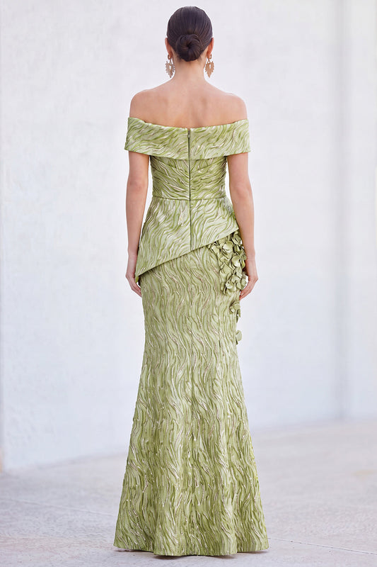 Robe longue de mère de la mariée sirène verte à épaules dénudées avec fleurs et fronces