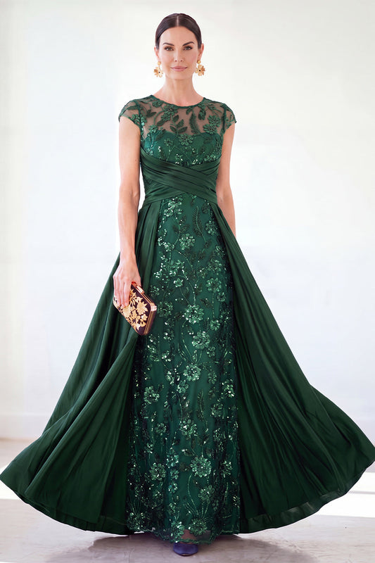 Robe longue de mère de la mariée vert foncé trapèze à col rond, à paillettes, avec manches courtes