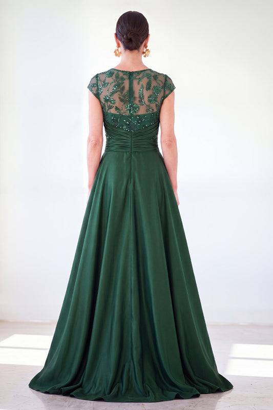 Robe longue de mère de la mariée vert foncé trapèze à col rond, à paillettes, avec manches courtes