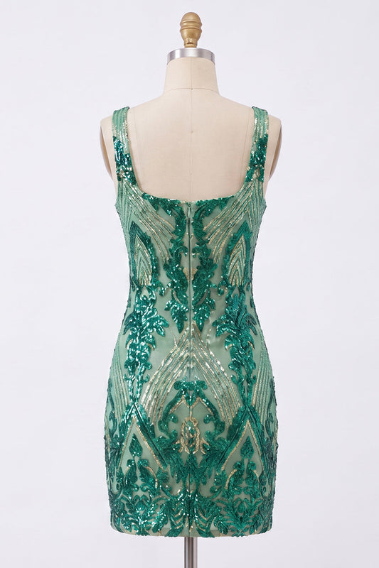 Robe de soirée moulante à col carré en sequins vert foncé scintillant