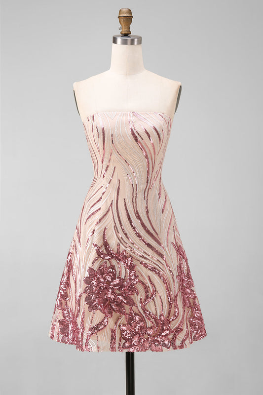 Sparkly A-Line Gold and Pink Strapless Sequins Homecoming Dress