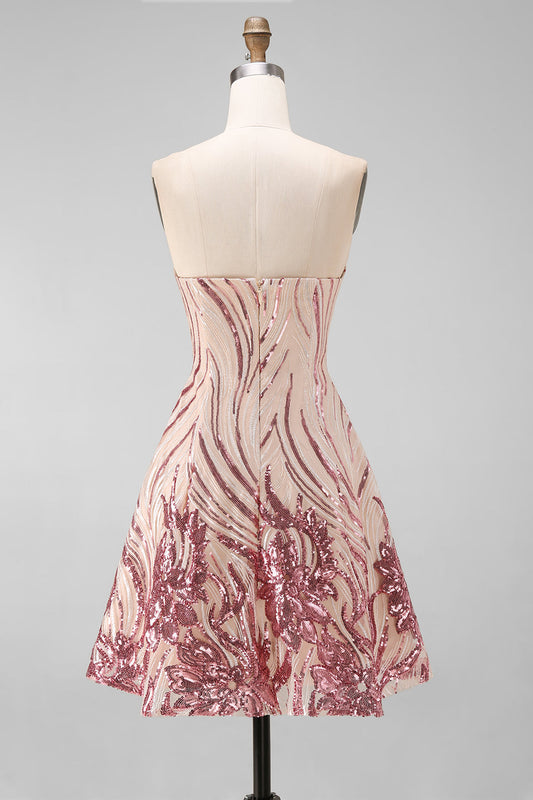 Sparkly A-Line Gold and Pink Strapless Sequins Homecoming Dress