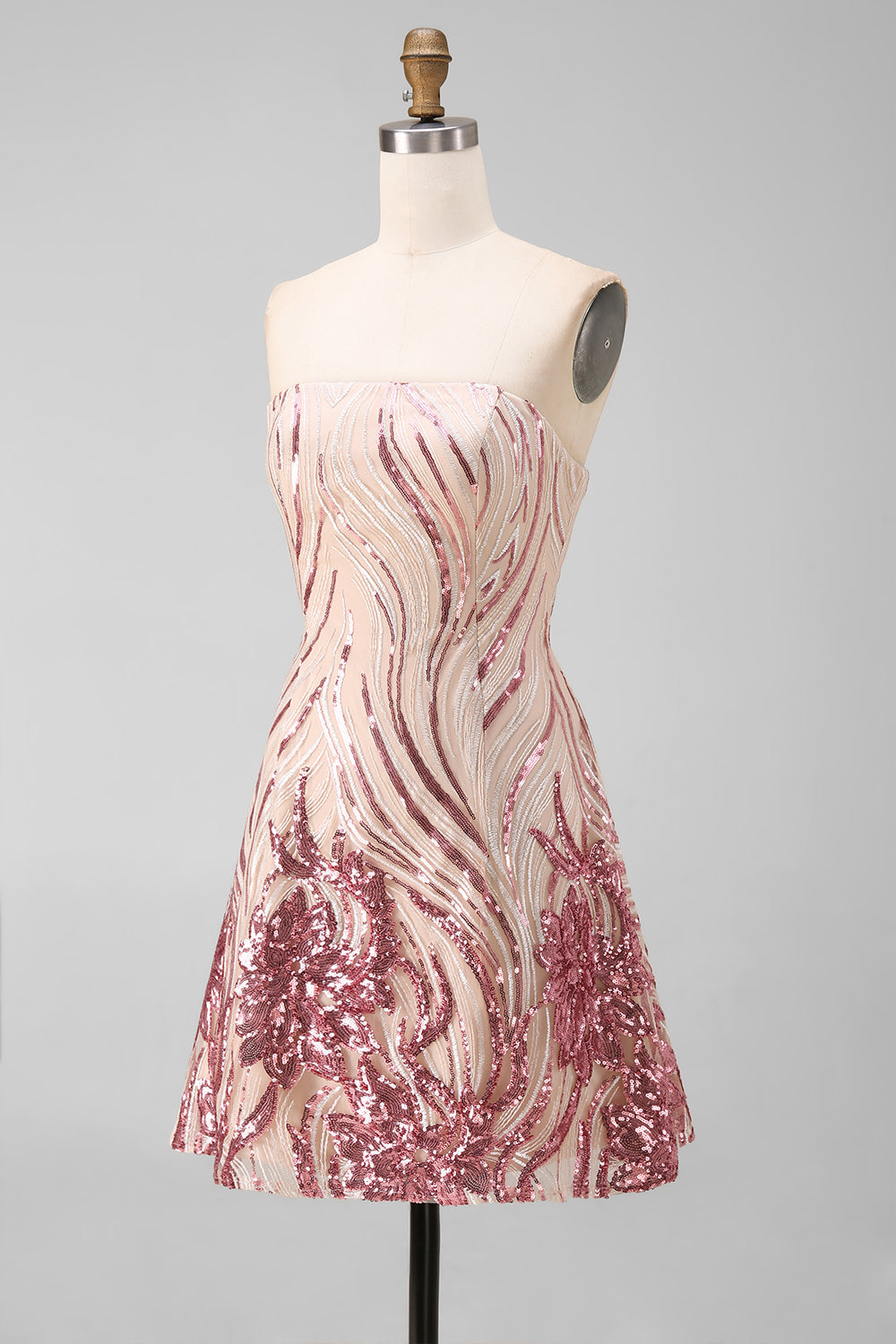 Robe de bal bustier à paillettes dorées et roses en A
