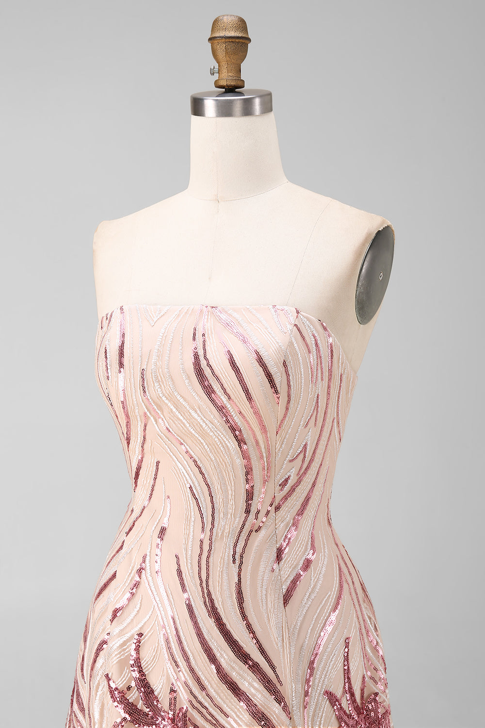 Robe de bal bustier à paillettes dorées et roses en A