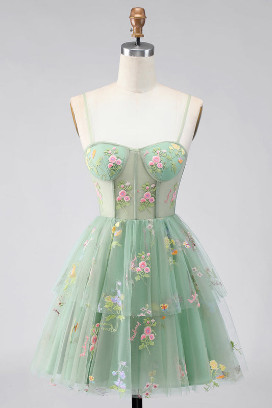 Robe de bal corset florale en tulle vert sauge avec nœud