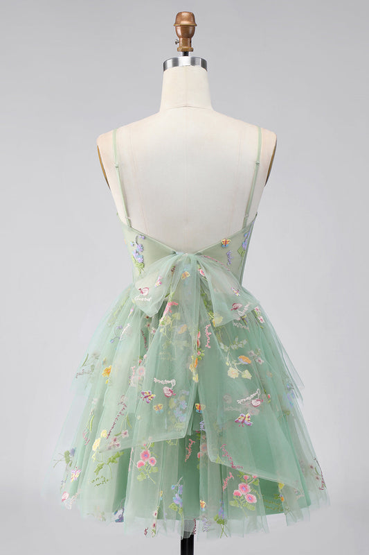 Robe de bal corset florale en tulle vert sauge avec nœud