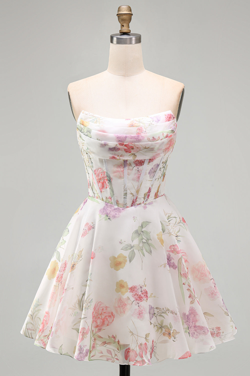 A-Line Strapless Ivory Floral Chiffon Ruched Corset Homecoming Dress