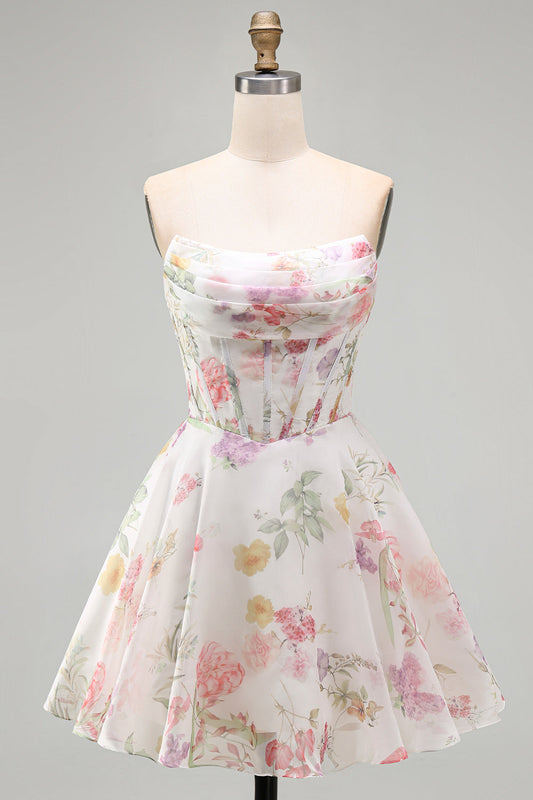 Robe de bal bustier coupe trapèze ivoire en mousseline de soie à fleurs avec corset froncé