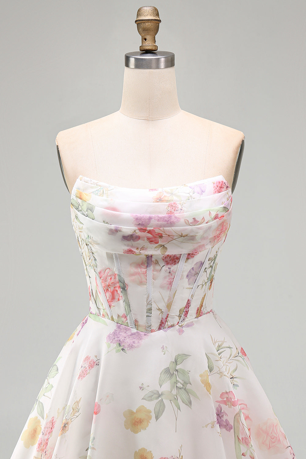 A-Line Strapless Ivory Floral Chiffon Ruched Corset Homecoming Dress