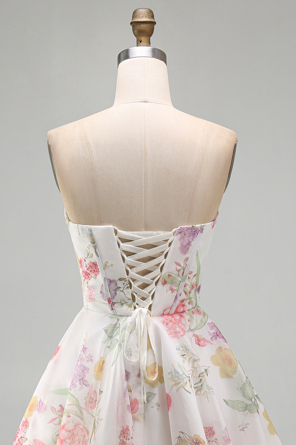 A-Line Strapless Ivory Floral Chiffon Ruched Corset Homecoming Dress