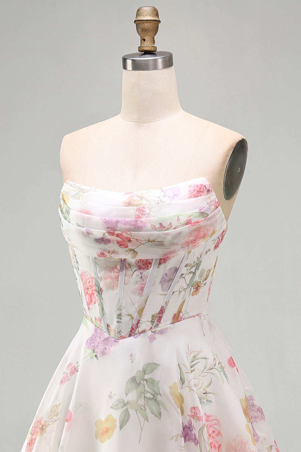 A-Line Strapless Ivory Floral Chiffon Ruched Corset Homecoming Dress