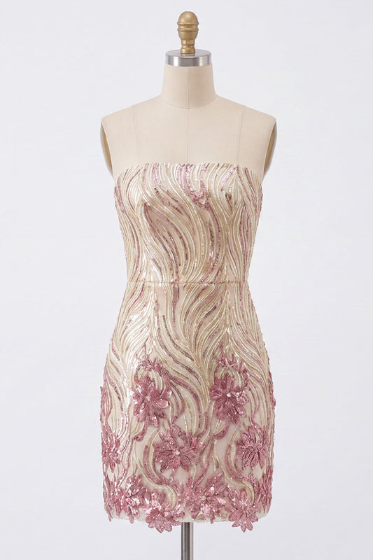 Sparkly Strapless Gold and Pink Bodycon Sequin Homecoming Dress
