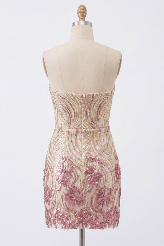 Sparkly Strapless Gold and Pink Bodycon Sequin Homecoming Dress