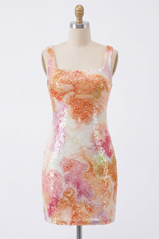 Vestido de lentejuelas naranja ajustado con cuello cuadrado y brillante para fiesta de bienvenida
