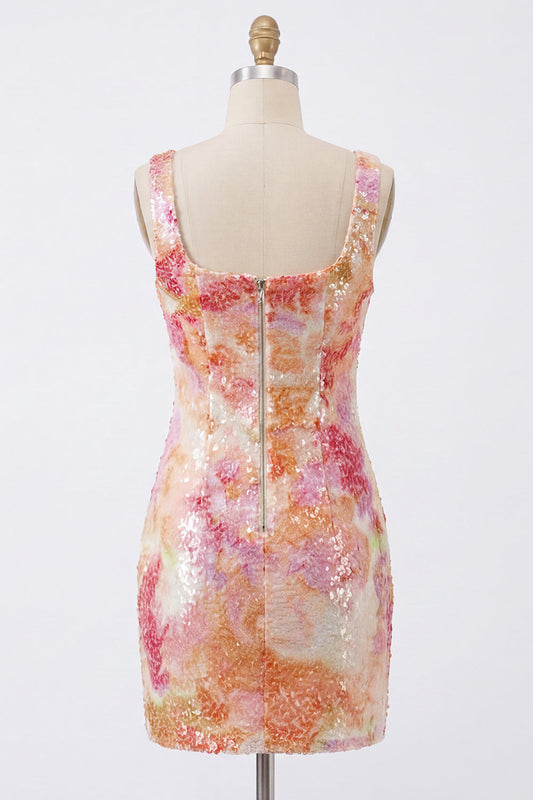 Vestido de lentejuelas naranja ajustado con cuello cuadrado y brillante para fiesta de bienvenida