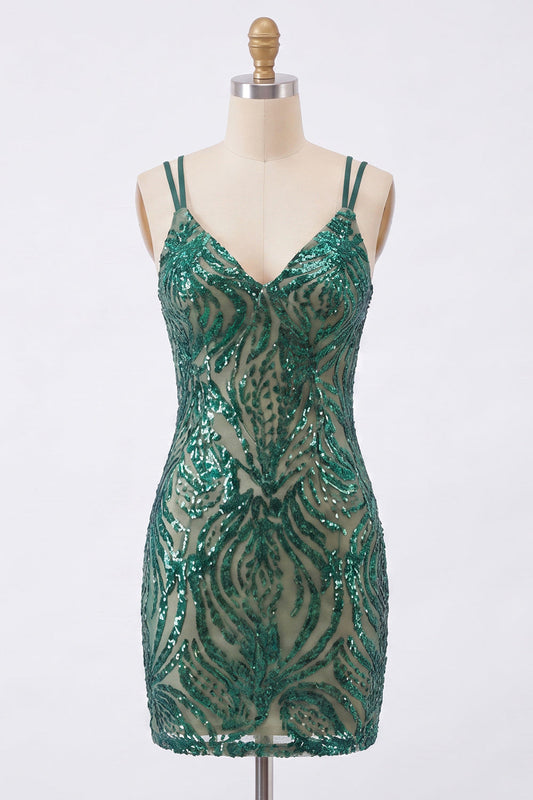 Robe de bal moulante vert foncé à paillettes scintillantes