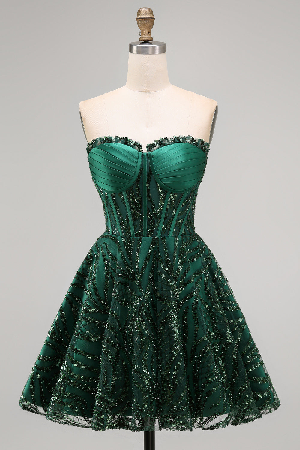Robe de bal bustier coupe trapèze vert foncé à sequins scintillants