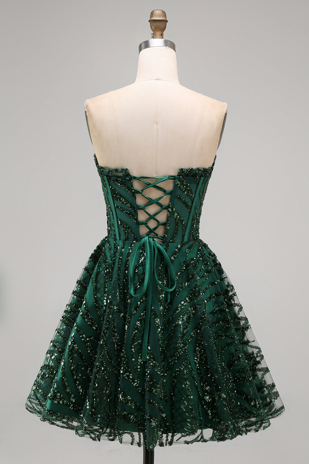 Robe de bal bustier coupe trapèze vert foncé à sequins scintillants