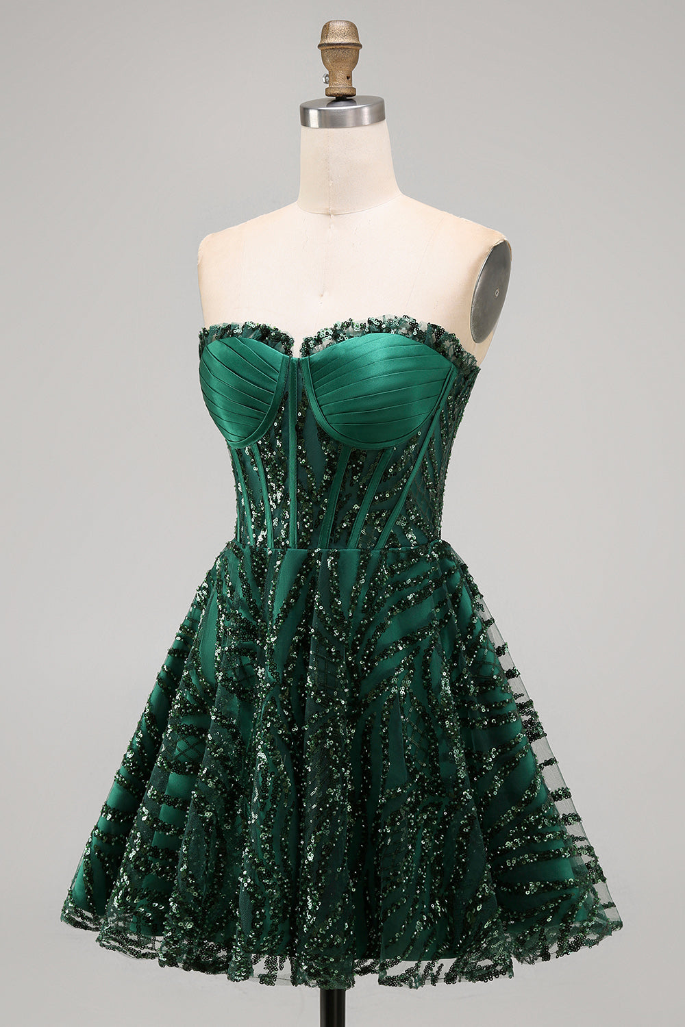 Robe de bal bustier coupe trapèze vert foncé à sequins scintillants
