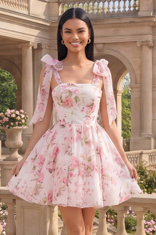 Robe de bal en mousseline évasée à bretelles épaisses et fleurs blanches et roses