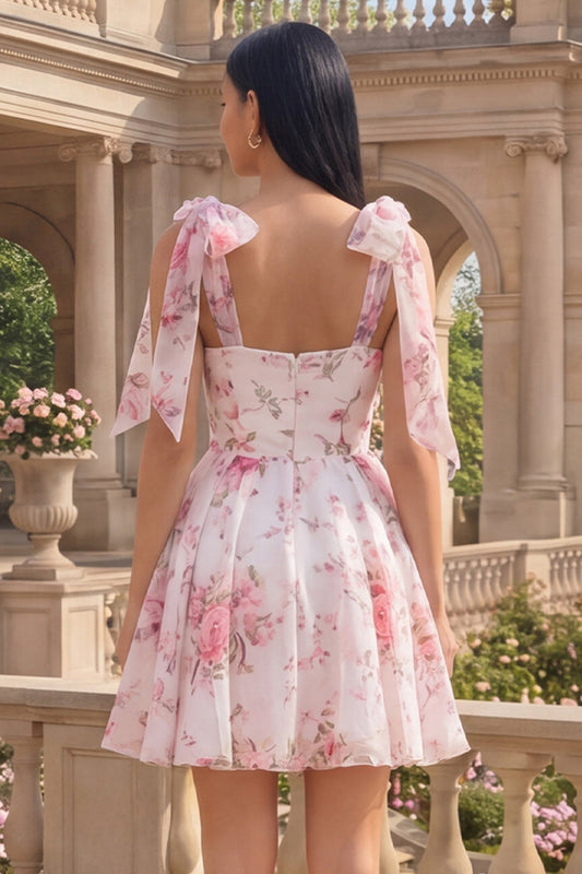 Robe de bal en mousseline évasée à bretelles épaisses et fleurs blanches et roses