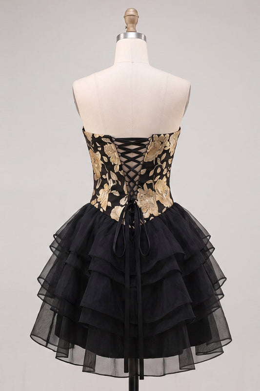A-Line Gold and Black Sweetheart Floral Tiered Homecoming Dress with Lace-Up Back